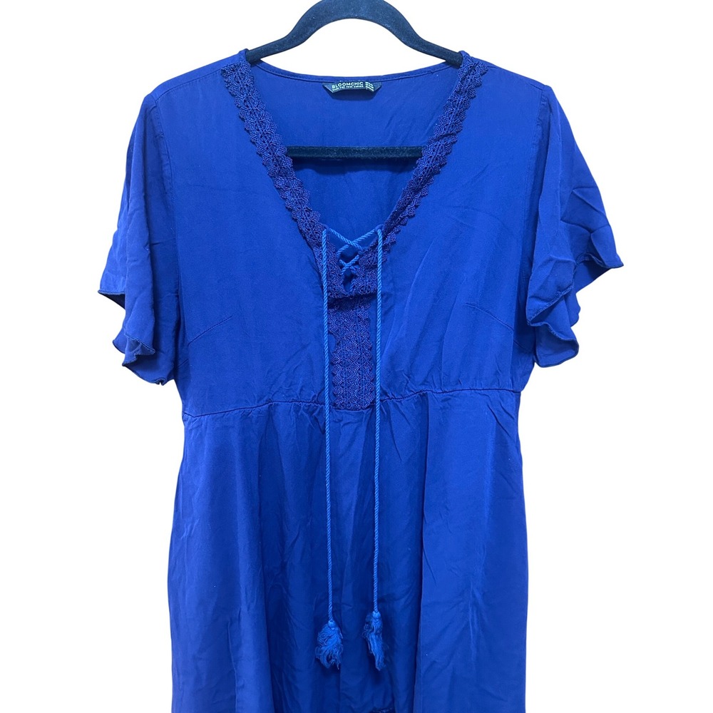 BloomChic Royal Blue Boho Lace Trim Midi Dress Flutter Sleeve Tassel US 14-16